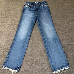 Good American Curve Jeans Womens 2/26 Blue Denim Cotton Raw Hem Straight Leg